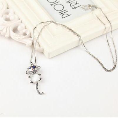 Silver Sparkly Monkey Animal Crystal Necklace