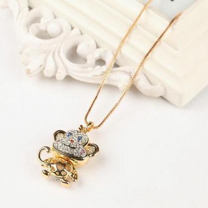 Cute Monkey Crystal Necklace With Long Gold Chain
