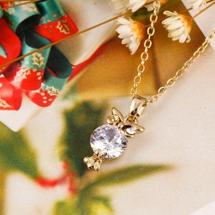Women Fashion Gold Owl Necklace Diamond Necklace..