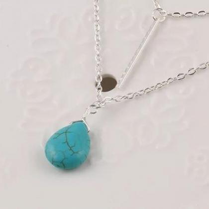 Chain Layered Bar And Turquoise Gemstone Necklace