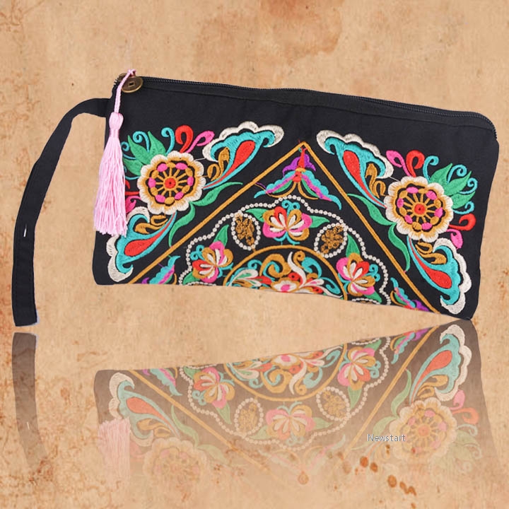 Women Bag Handbag Wallet Purse National Retro Embroidered Phone Change Coin With Tassel Sv005990