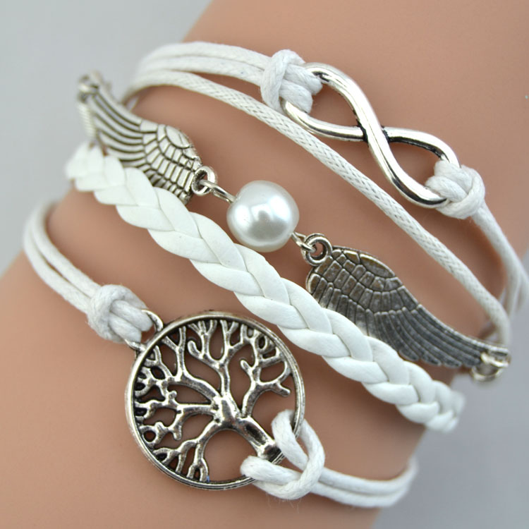 Handmade Diy Infinity Angle Wings With Wish Tree Leather Cute Charm Bracelet
