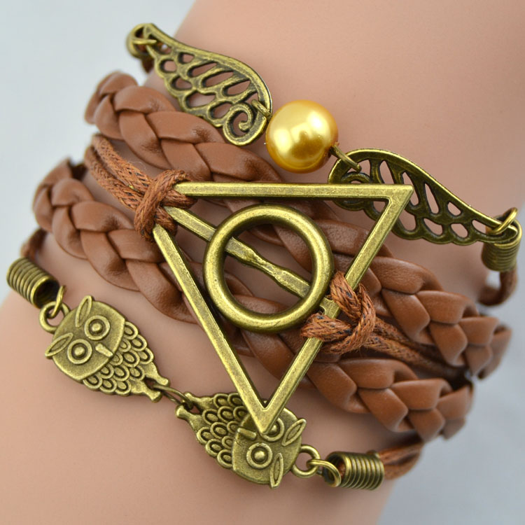 Handmade Diy Owls Bracelet Angle Wings With Brown Leather Charm Bracelet