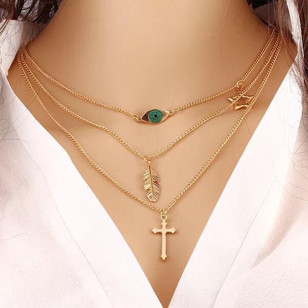 fashion handmade DIY gold chain necklace,cross with evil eye chain necklace gift 