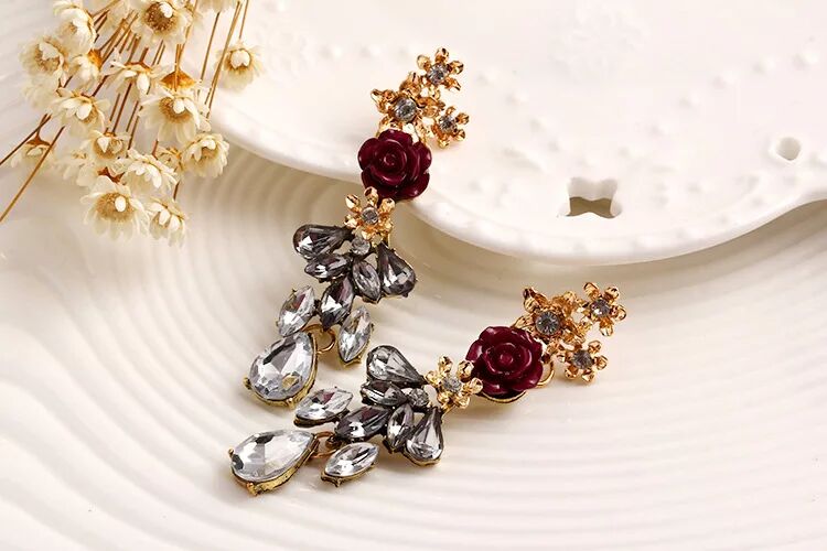 Fashion Women Earrings, Rose Decoration With Crystal Earrings Jewelry 12b11