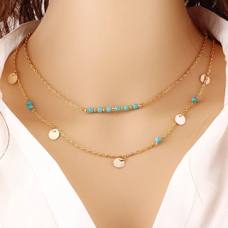 Women Fashion Necklace Fashion Gold Plated Fatima Hand 3 Layer Chain Bar Necklace Beads And Long Strip Pendant Necklaces Jewelry