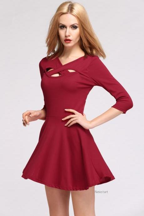 One Size L Stylish Lady Women&amp;#039;s Fashion Sexy Hollow Out Cross V-neck Short Pleated Dress Sv014082