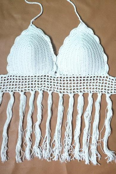 Women Fashion Sexy V Neck Halter Sleeveless Backless Padded Knit Fringe Hollow Solid Short Crop Tops Sv019350