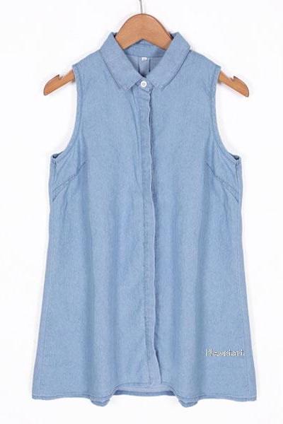 Denim Short Sleeveless Shirt Dress 