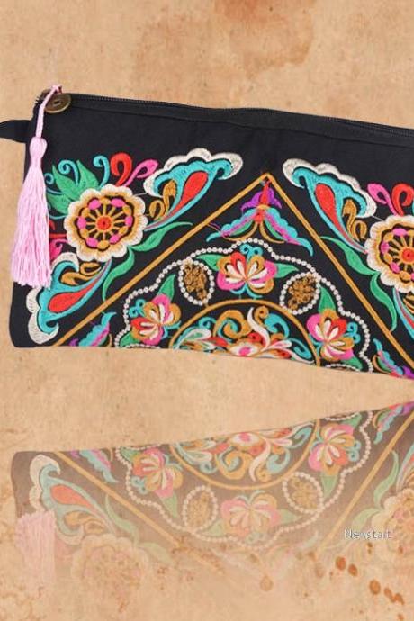 New Women Bag Handbag Wallet Purse National Retro Embroidered Phone Change Coin With Tassel SV005990