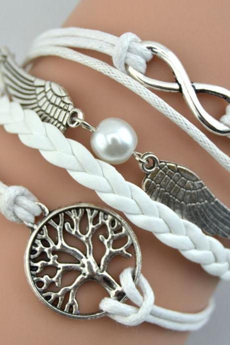 Handmade DIY Infinity angle wings with wish tree Leather Cute Charm Bracelet