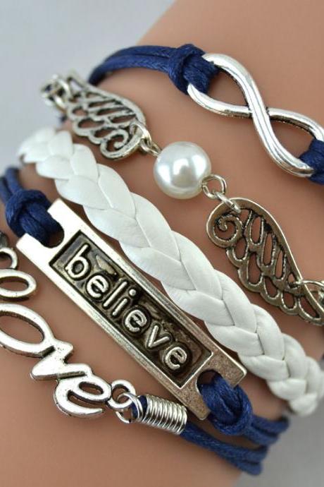 Handmade Diy Infinity Love Bracelet Angle Wings With Believe Leather Cute Charm Bracelet