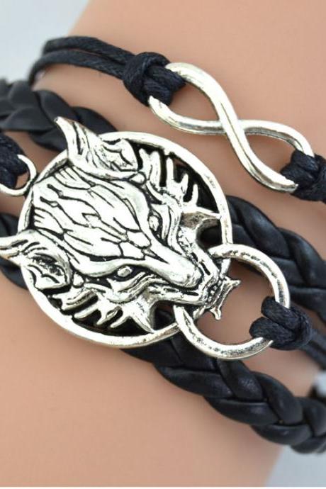 Handmade DIY Infinity Fox animal Cute Charm Bracelet black leather