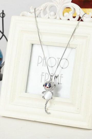 Silver Sparkly Monkey Animal Crystal Necklace 