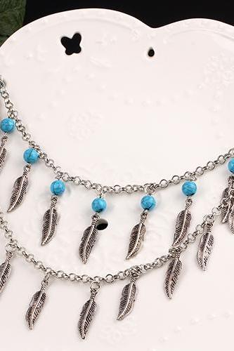 women short necklace DIY personalized necklace fashion women necklace retro leaves with turquoise 31E39