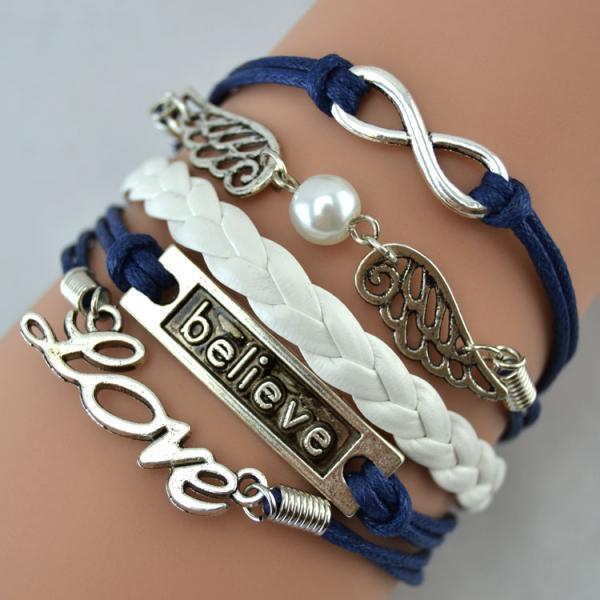 Handmade DIY Infinity Love bracelet angle wings with Believe leather Cute Charm Bracelet 
